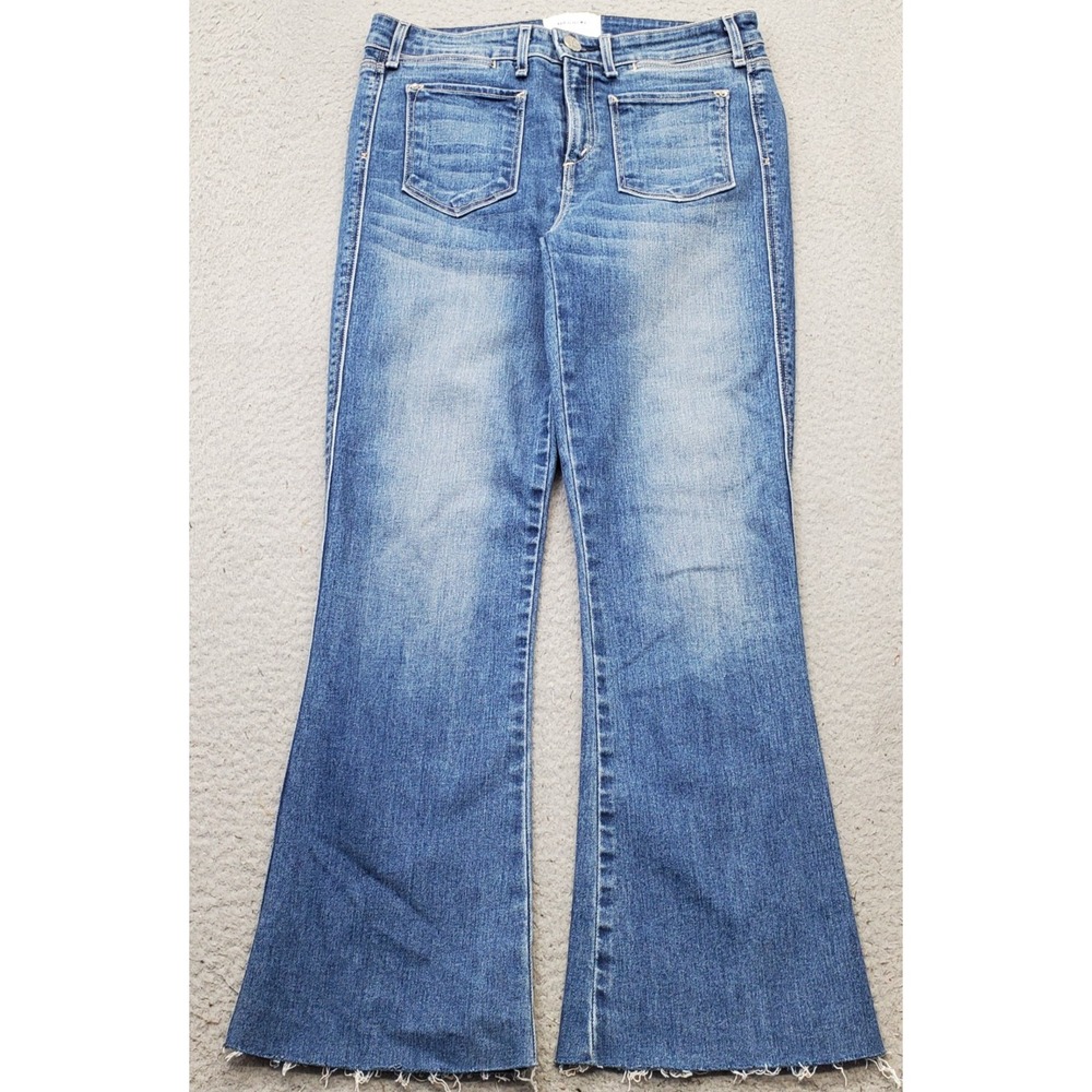 McGuire Flared Leg Jeans Womens 27 Blue Denim Stretch Faded Raw Hem Patch Pocket